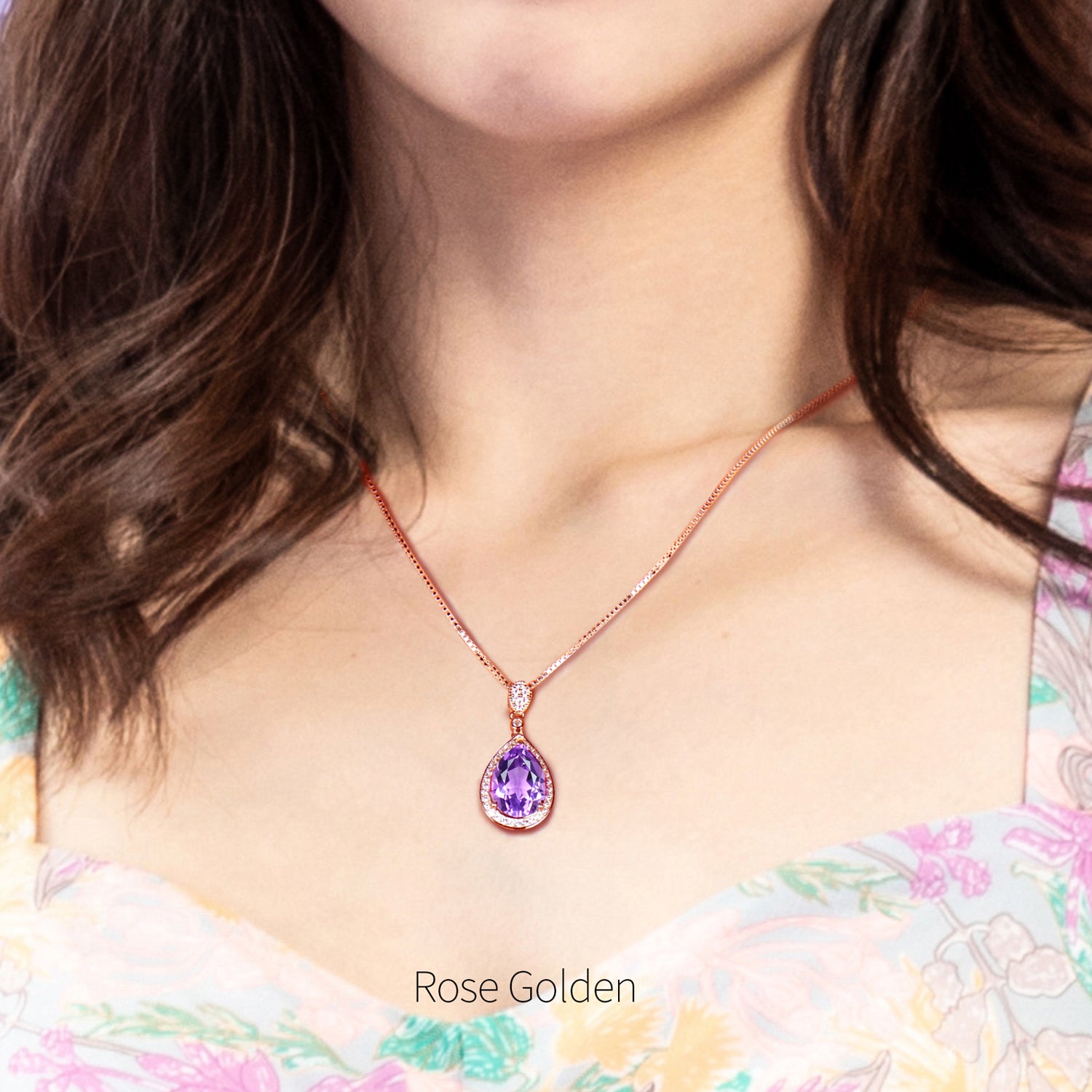 925 Sterling Silver Natural Amethyst Pendant Necklace for Women | Pear Cut Gemstone Halo Necklace | Elegant Gift for Her