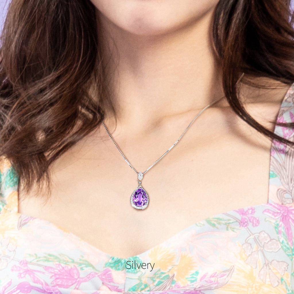 925 Sterling Silver Natural Amethyst Pendant Necklace for Women | Pear Cut Gemstone Halo Necklace | Elegant Gift for Her