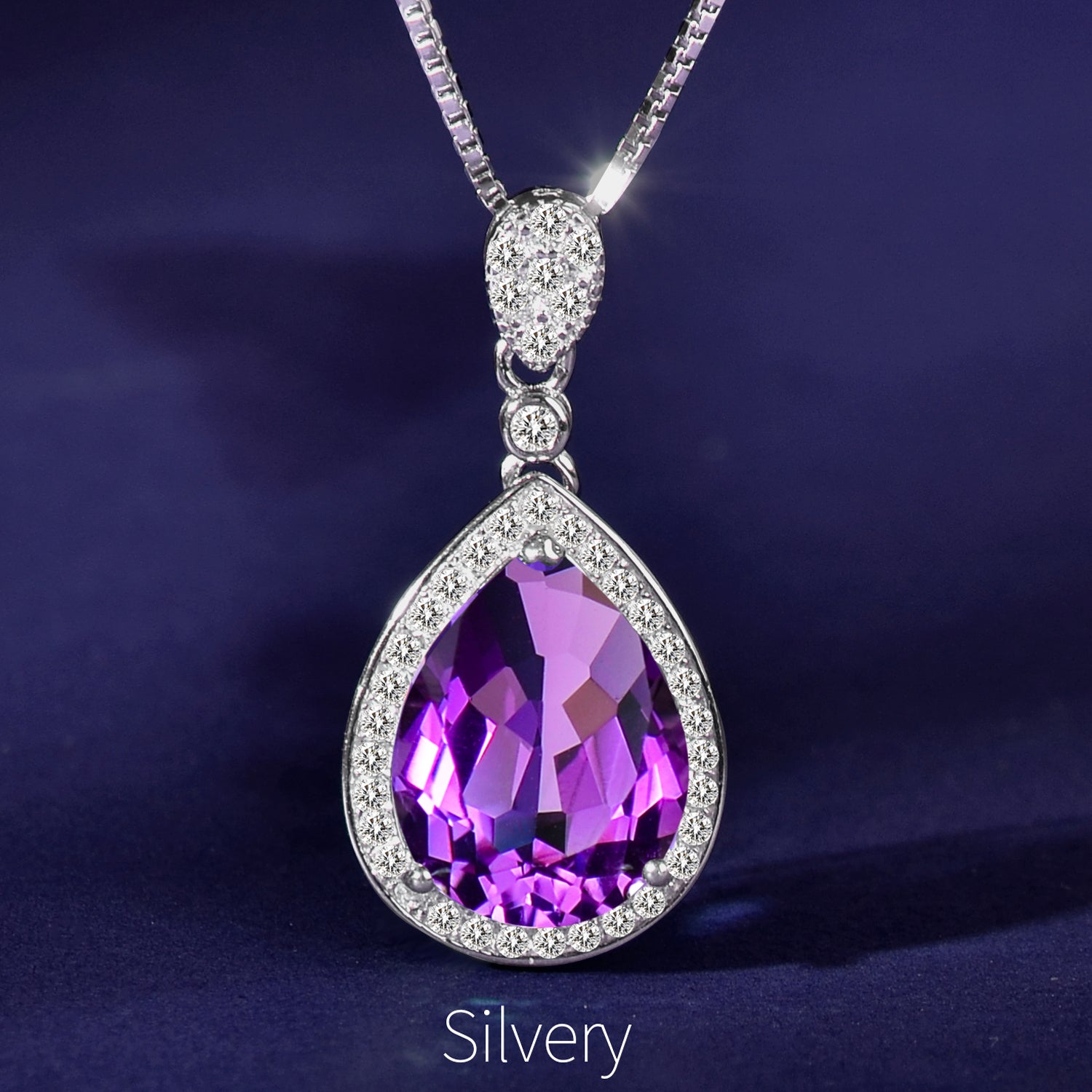 925 Sterling Silver Natural Amethyst Pendant Necklace for Women | Pear Cut Gemstone Halo Necklace | Elegant Gift for Her
