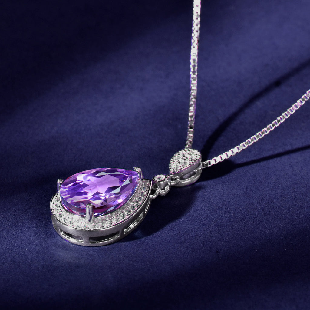 925 Sterling Silver Natural Amethyst Pendant Necklace for Women | Pear Cut Gemstone Halo Necklace | Elegant Gift for Her