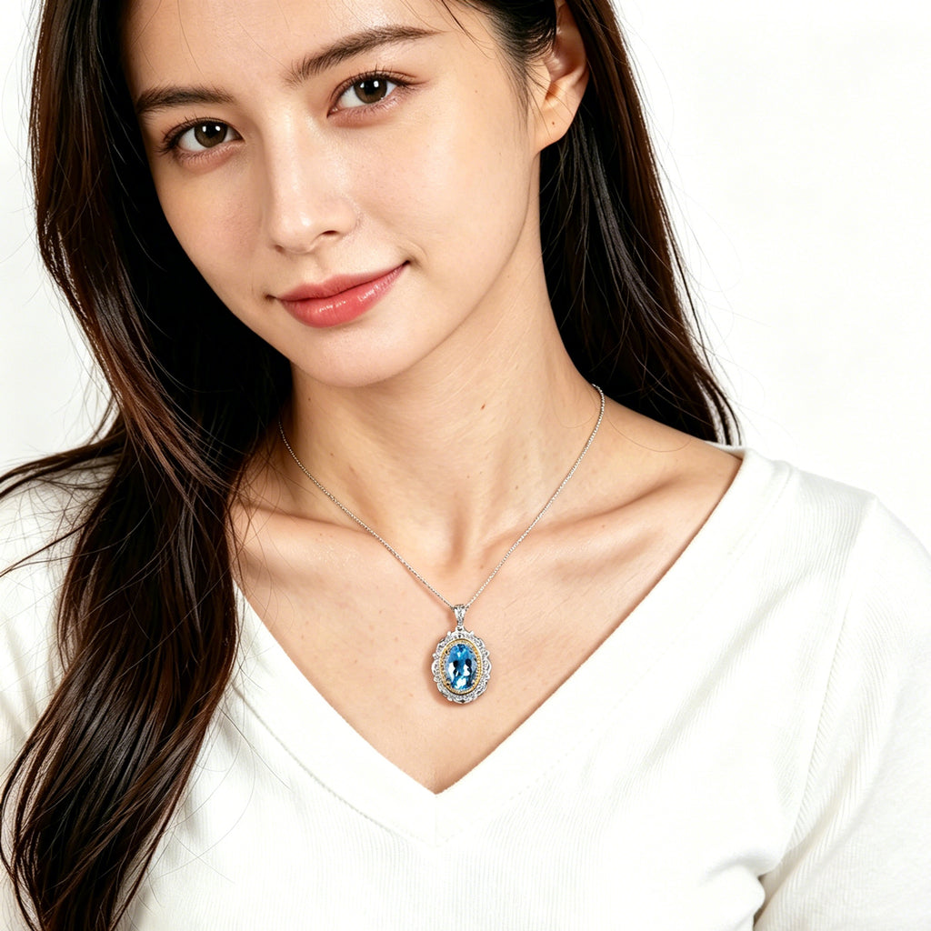 Natural Blue Topaz Oval Pendant Necklace in S925 Sterling Silver – Elegant Sky Blue Gemstone Halo Necklace for Women – Gift for Birthday, Anniversary & Christmas