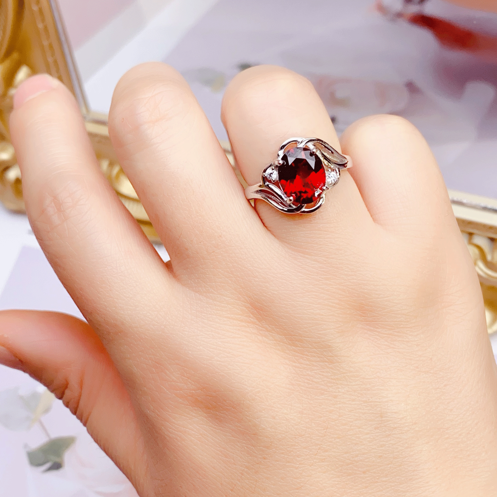 Natural Garnet S925 Sterling Silver Ring for Women | Wave Twist Adjustable Red Gemstone Ring | Elegant Mother's Day, Valentine's, Christmas Jewelry Gift for Her
