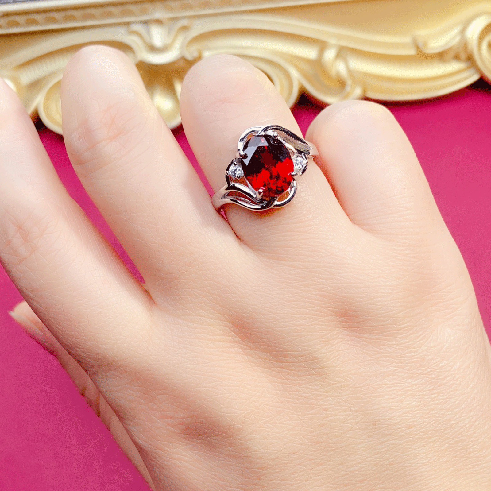 Natural Garnet S925 Sterling Silver Ring for Women | Wave Twist Adjustable Red Gemstone Ring | Elegant Mother's Day, Valentine's, Christmas Jewelry Gift for Her