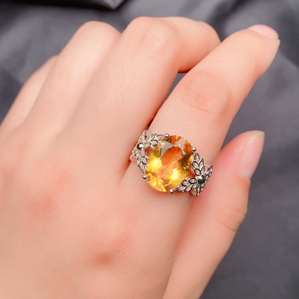Luxury 925 Sterling Silver Natural Citrine Ring for Women | Adjustable Open Ring with 10×14 mm Oval Gemstone | Elegant Jewelry Gift for Her