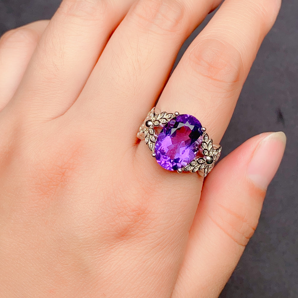 Natural Purple Amethyst Statement Ring, 925 Sterling Silver Adjustable Ring for Women, Sophisticated Birthday & Holiday Jewelry Gift for Her