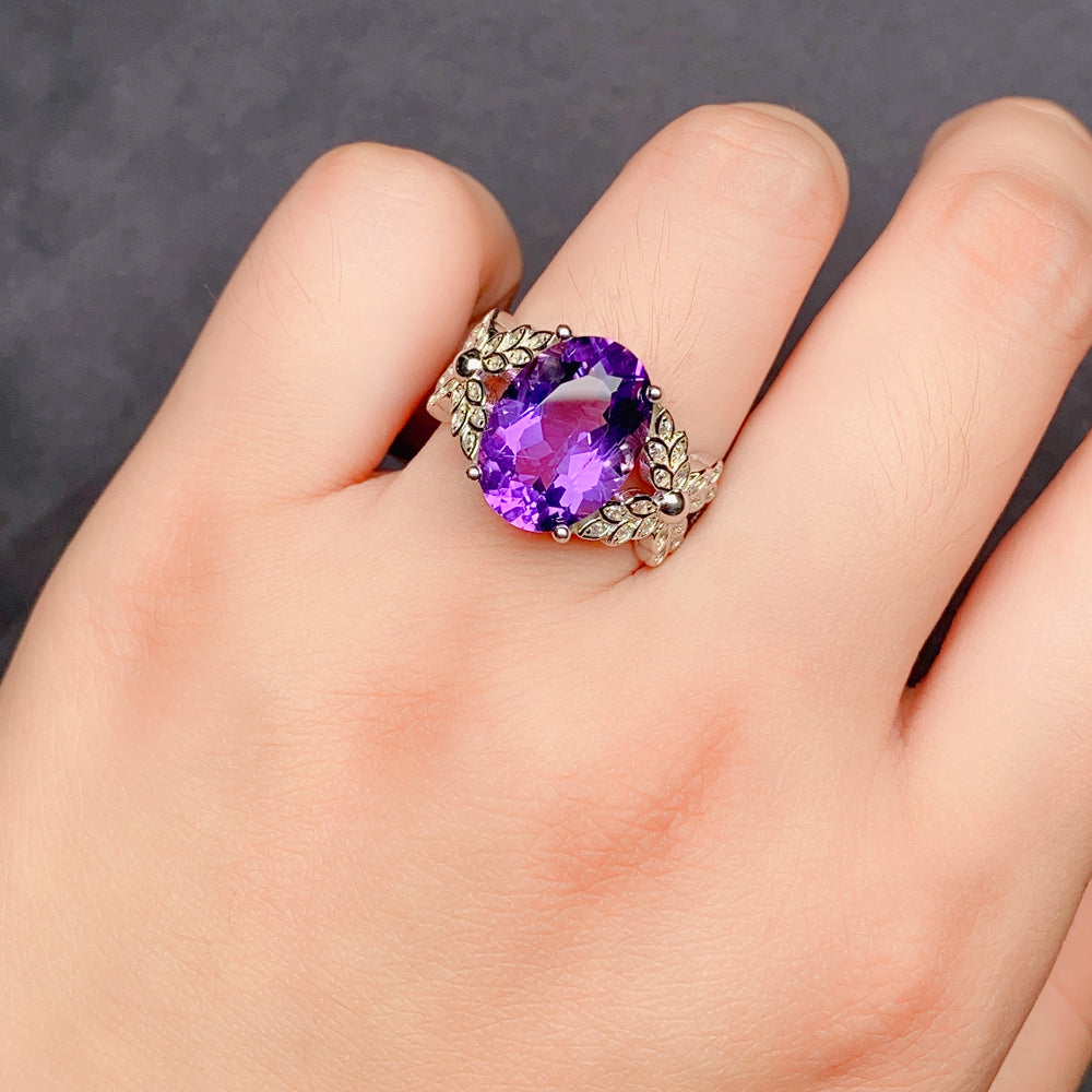 Natural Purple Amethyst Statement Ring, 925 Sterling Silver Adjustable Ring for Women, Sophisticated Birthday & Holiday Jewelry Gift for Her