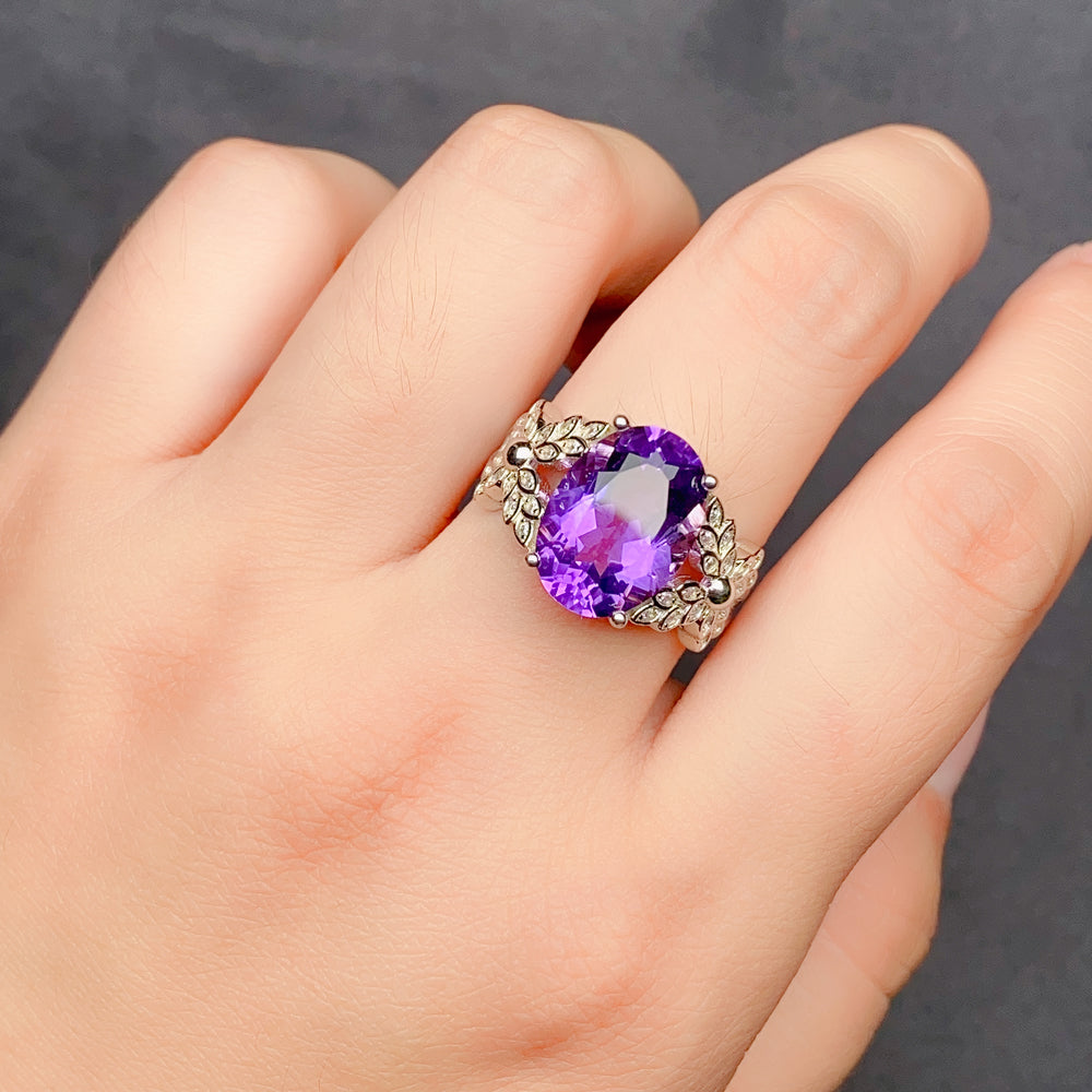 Natural Purple Amethyst Statement Ring, 925 Sterling Silver Adjustable Ring for Women, Sophisticated Birthday & Holiday Jewelry Gift for Her