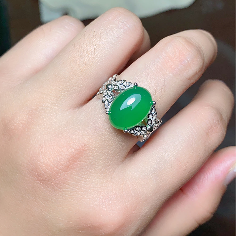 Luxury S925 Sterling Silver Natural Chrysoprase Ring for Women | Elegant Adjustable Green Chalcedony Cocktail Ring | Perfect Mother's Day & Valentine's Gift