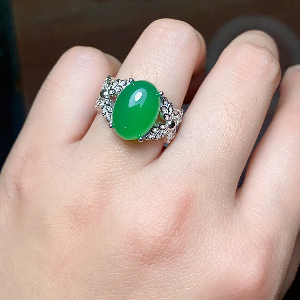 Luxury S925 Sterling Silver Natural Chrysoprase Ring for Women | Elegant Adjustable Green Chalcedony Cocktail Ring | Perfect Mother's Day & Valentine's Gift
