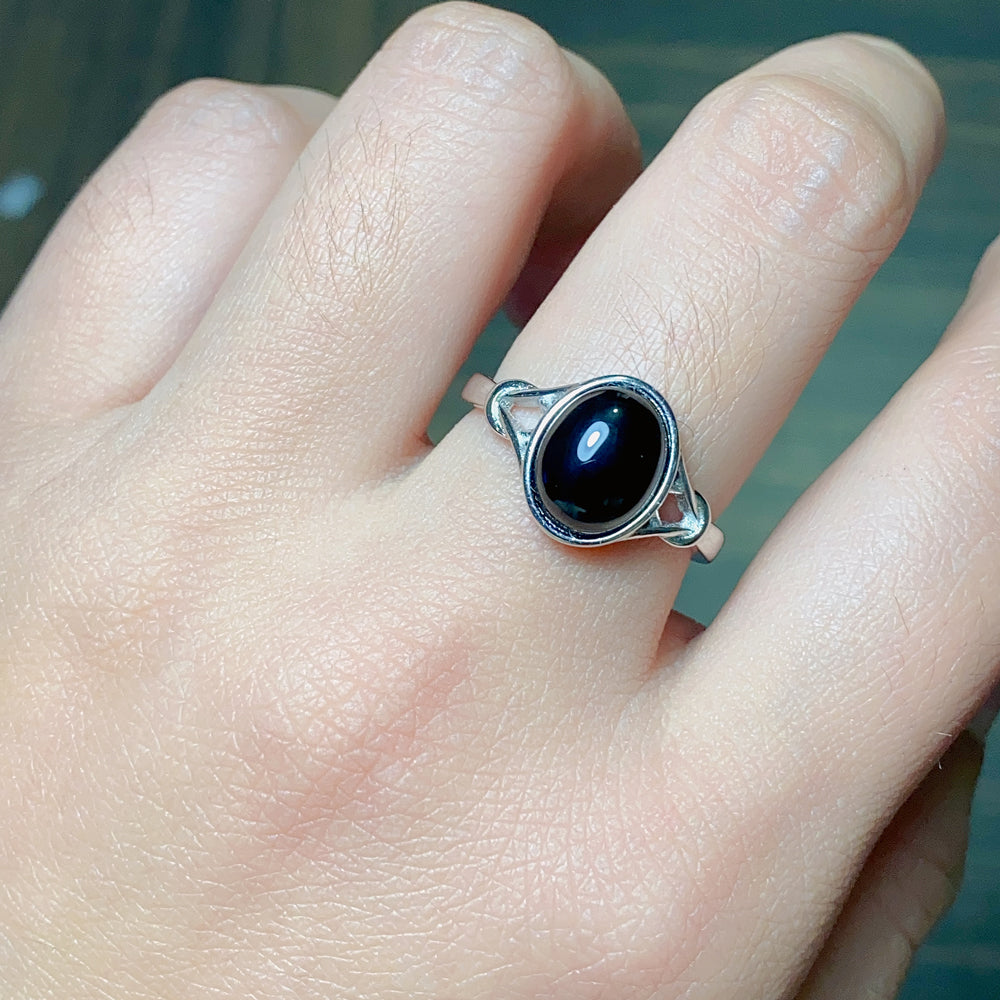 Luxury 925 Sterling Silver Natural Black Agate Ring for Women | Elegant Adjustable Open Ring with Oval Gemstone | Stylish Jewelry Gift for Her