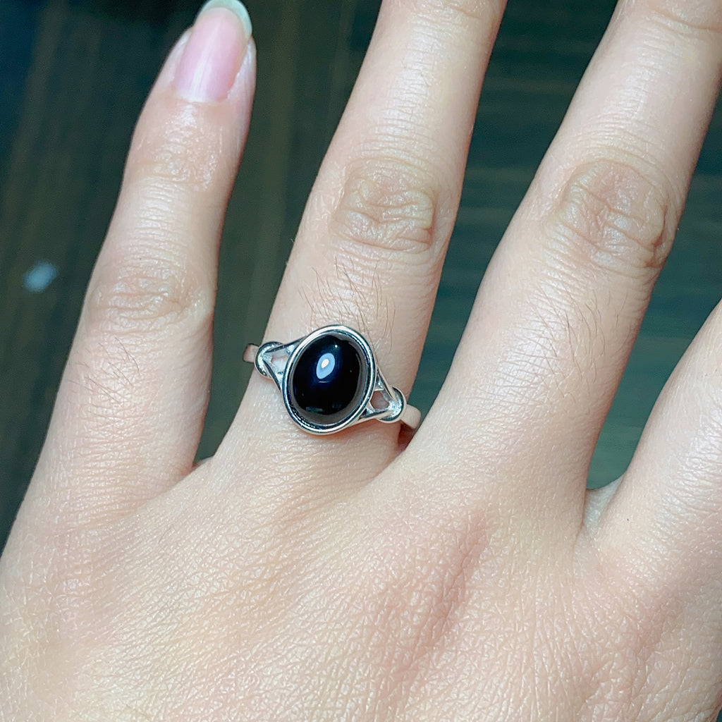Luxury 925 Sterling Silver Natural Black Agate Ring for Women | Elegant Adjustable Open Ring with Oval Gemstone | Stylish Jewelry Gift for Her