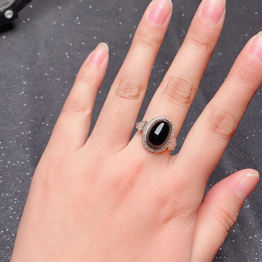 Luxury 925 Sterling Silver Natural Black Agate Ring for Women | Vintage Adjustable Open Ring with Oval Gemstone | Elegant Gift for Her