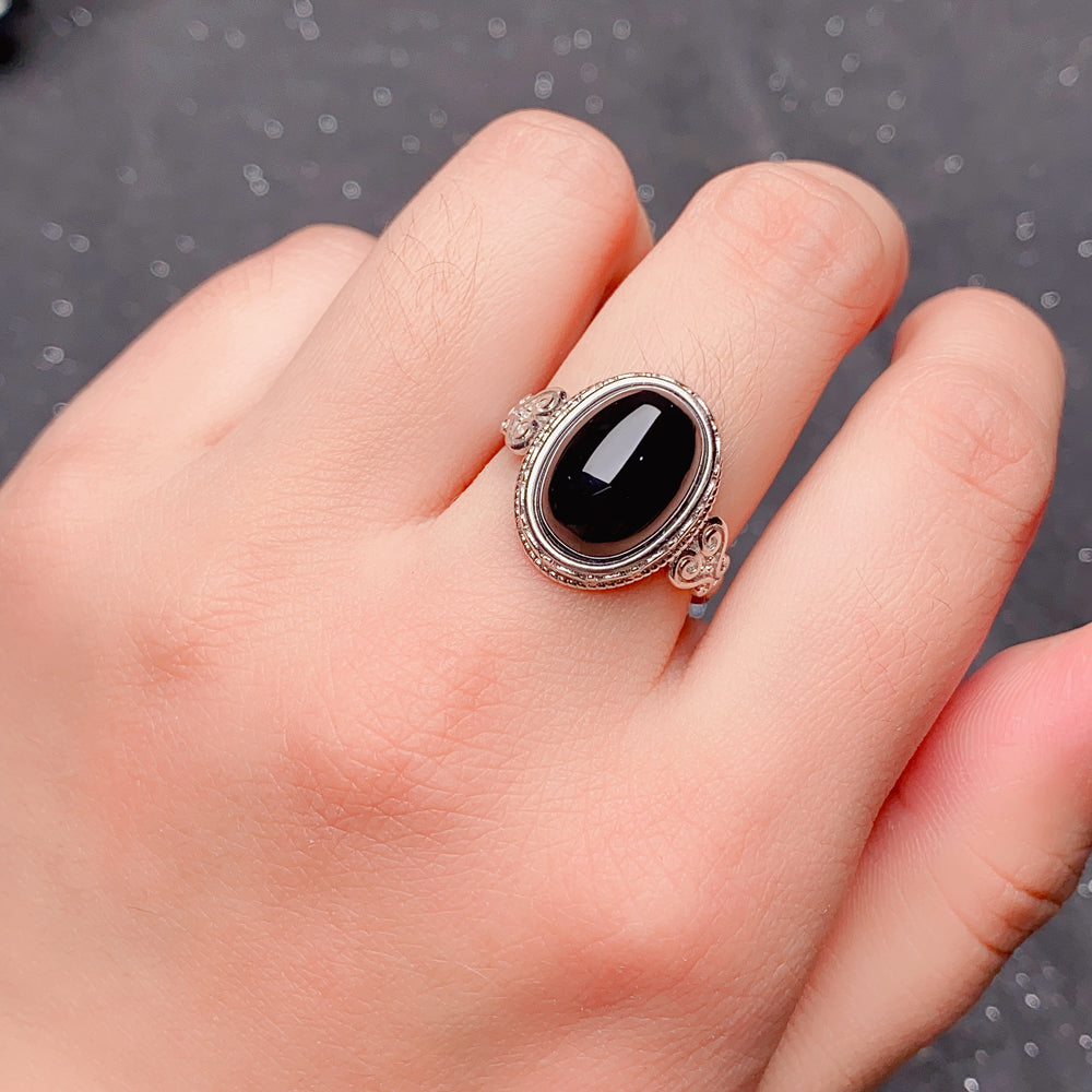 Luxury 925 Sterling Silver Natural Black Agate Ring for Women | Vintage Adjustable Open Ring with Oval Gemstone | Elegant Gift for Her