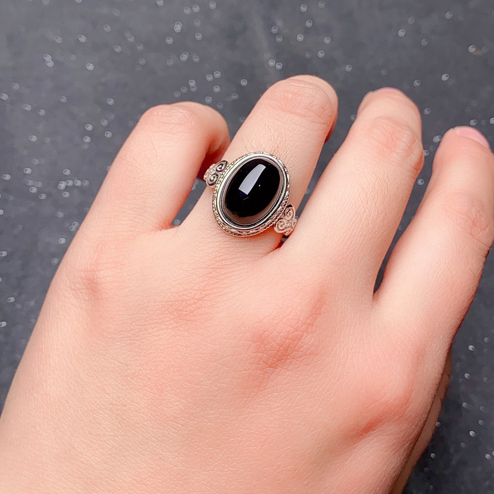 Luxury 925 Sterling Silver Natural Black Agate Ring for Women | Vintage Adjustable Open Ring with Oval Gemstone | Elegant Gift for Her