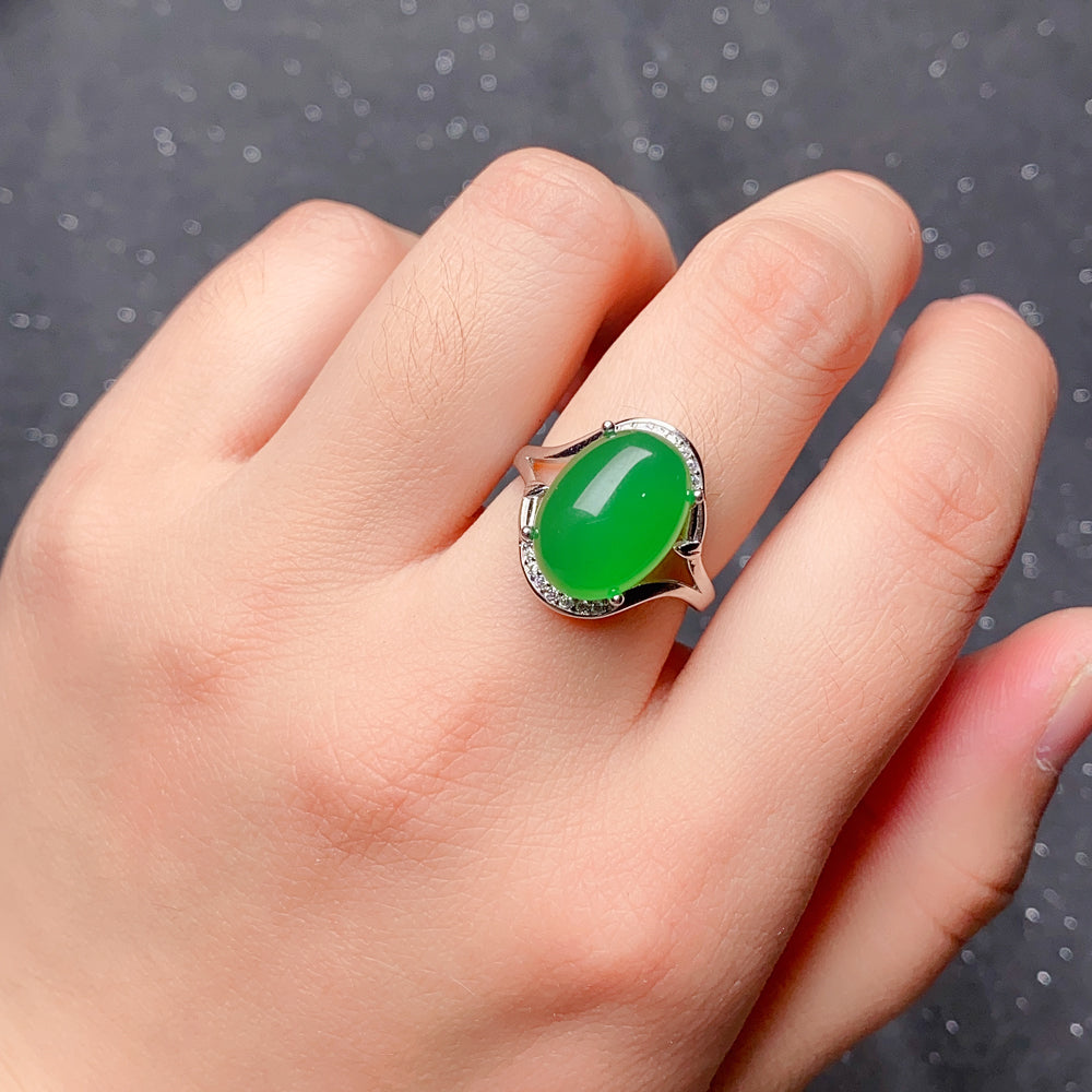 Luxury S925 Sterling Silver Natural Chrysoprase Ring for Women | Elegant Adjustable Oval Green Chalcedony Gemstone Ring with Zirconia Accents | Perfect Gift for Mother's Day, Valentine's Day & Birthday
