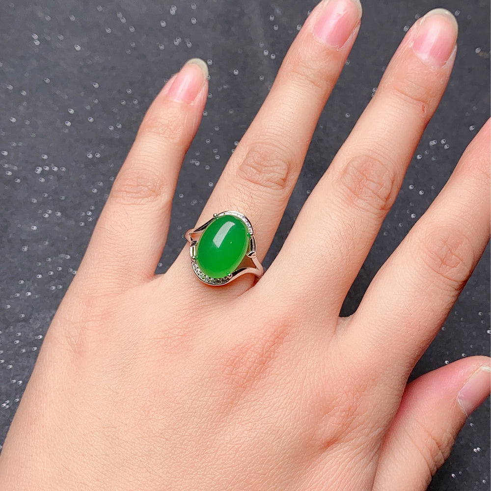 Luxury S925 Sterling Silver Natural Chrysoprase Ring for Women | Elegant Adjustable Oval Green Chalcedony Gemstone Ring with Zirconia Accents | Perfect Gift for Mother's Day, Valentine's Day & Birthday