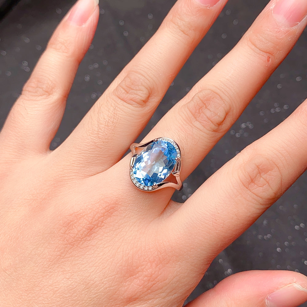 Adjustable S925 Sterling Silver Natural Blue Topaz Ring for Women | 10x14mm Oval Cut Open Size Luxury Ring, Elegant Zirconia Jewelry, Perfect Valentine's, Mother's Day, Birthday, Thanksgiving & Christmas Gift