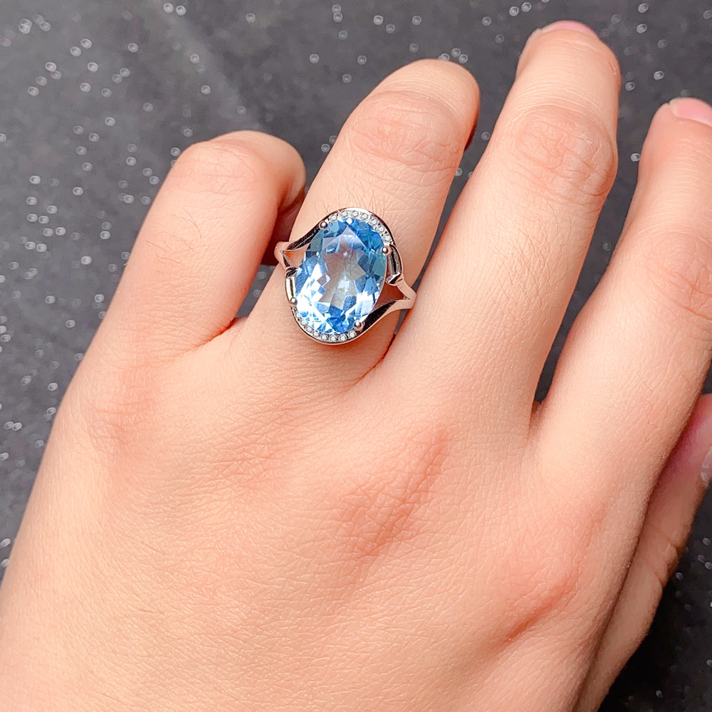 Adjustable S925 Sterling Silver Natural Blue Topaz Ring for Women | 10x14mm Oval Cut Open Size Luxury Ring, Elegant Zirconia Jewelry, Perfect Valentine's, Mother's Day, Birthday, Thanksgiving & Christmas Gift