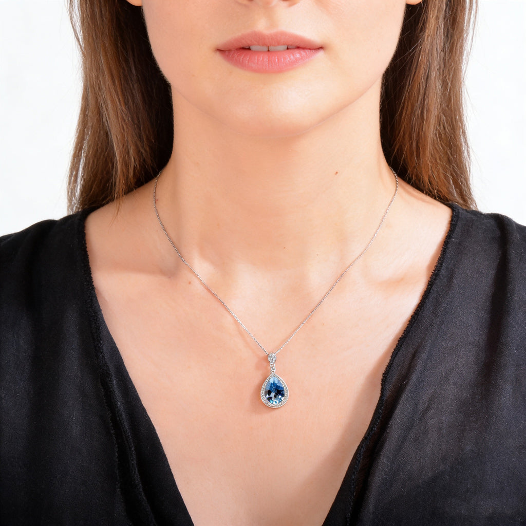 Natural Blue Topaz Teardrop Pendant Necklace in S925 Sterling Silver – Elegant Sky Blue Gemstone Jewelry for Women, Dainty Halo Design Gift for Her