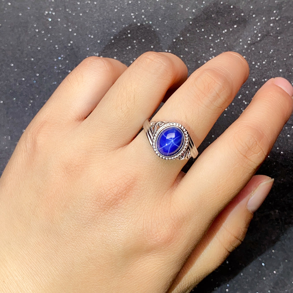 Elegant Synthetic Blue Star Sapphire Ring in 925 Sterling Silver, Adjustable Oval Gemstone Ring for Women, Luxury Gift for Wife & Mom