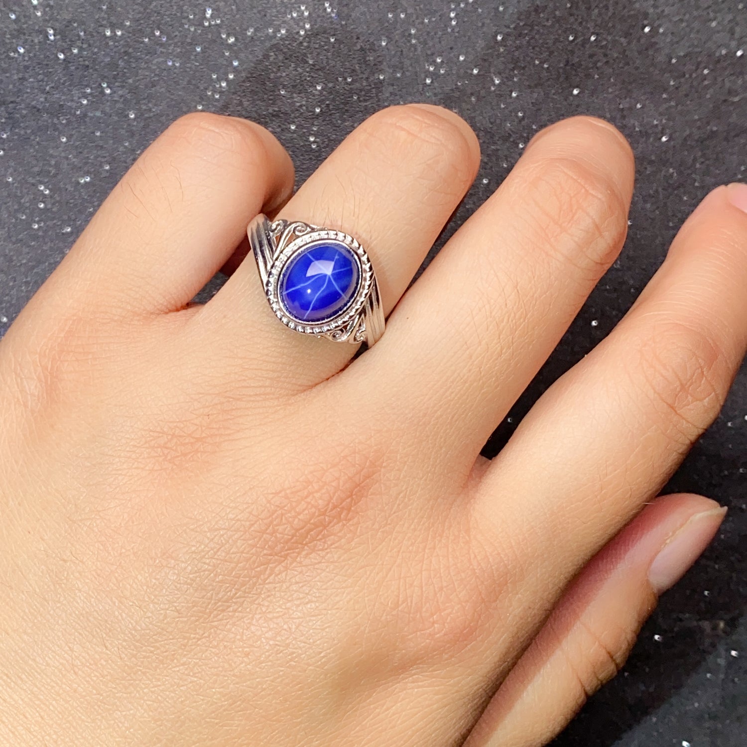 Elegant Synthetic Blue Star Sapphire Ring in 925 Sterling Silver, Adjustable Oval Gemstone Ring for Women, Luxury Gift for Wife & Mom
