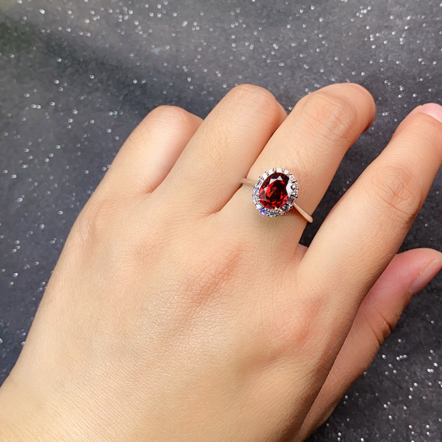 Natural Red Garnet Halo Ring, 925 Sterling Silver Adjustable Gemstone Ring with Cubic Zirconia, Fine Jewelry Gift for Wife, Mother & Girlfriend
