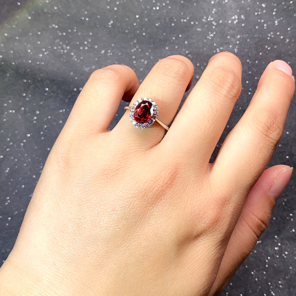 Natural Red Garnet Halo Ring, 925 Sterling Silver Adjustable Gemstone Ring with Cubic Zirconia, Fine Jewelry Gift for Wife, Mother & Girlfriend