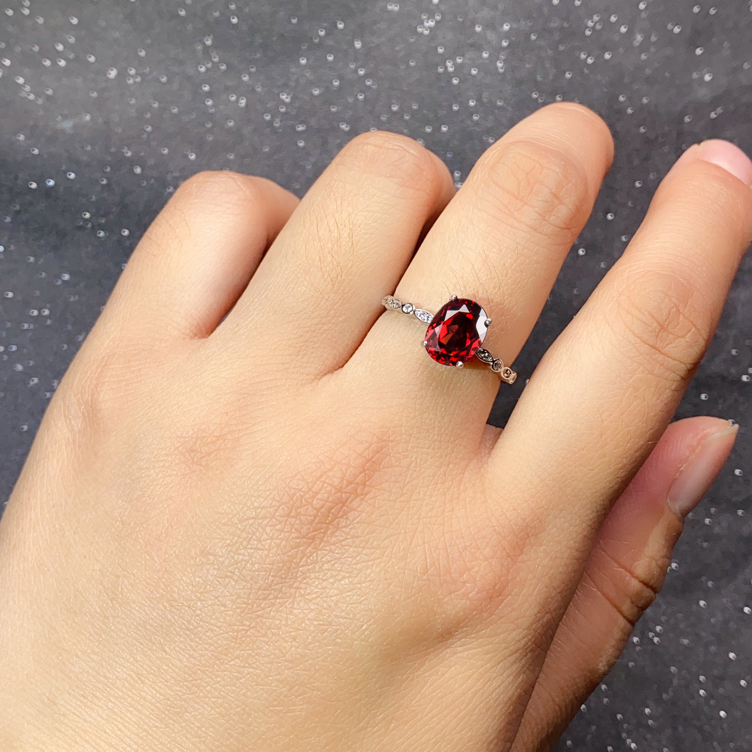 Luxury 925 Sterling Silver Natural Garnet Adjustable Ring for Women | Elegant Oval Gemstone Open Ring Jewelry Gift