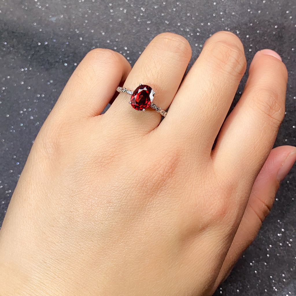 Luxury 925 Sterling Silver Natural Garnet Adjustable Ring for Women | Elegant Oval Gemstone Open Ring Jewelry Gift
