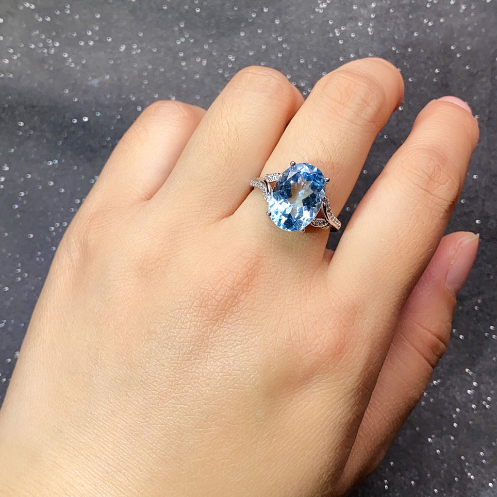 Natural Blue Topaz Ring, 925 Sterling Silver Adjustable Gemstone Statement Ring with Cubic Zirconia Accent, Elegant Anniversary & Birthday Gift for Her