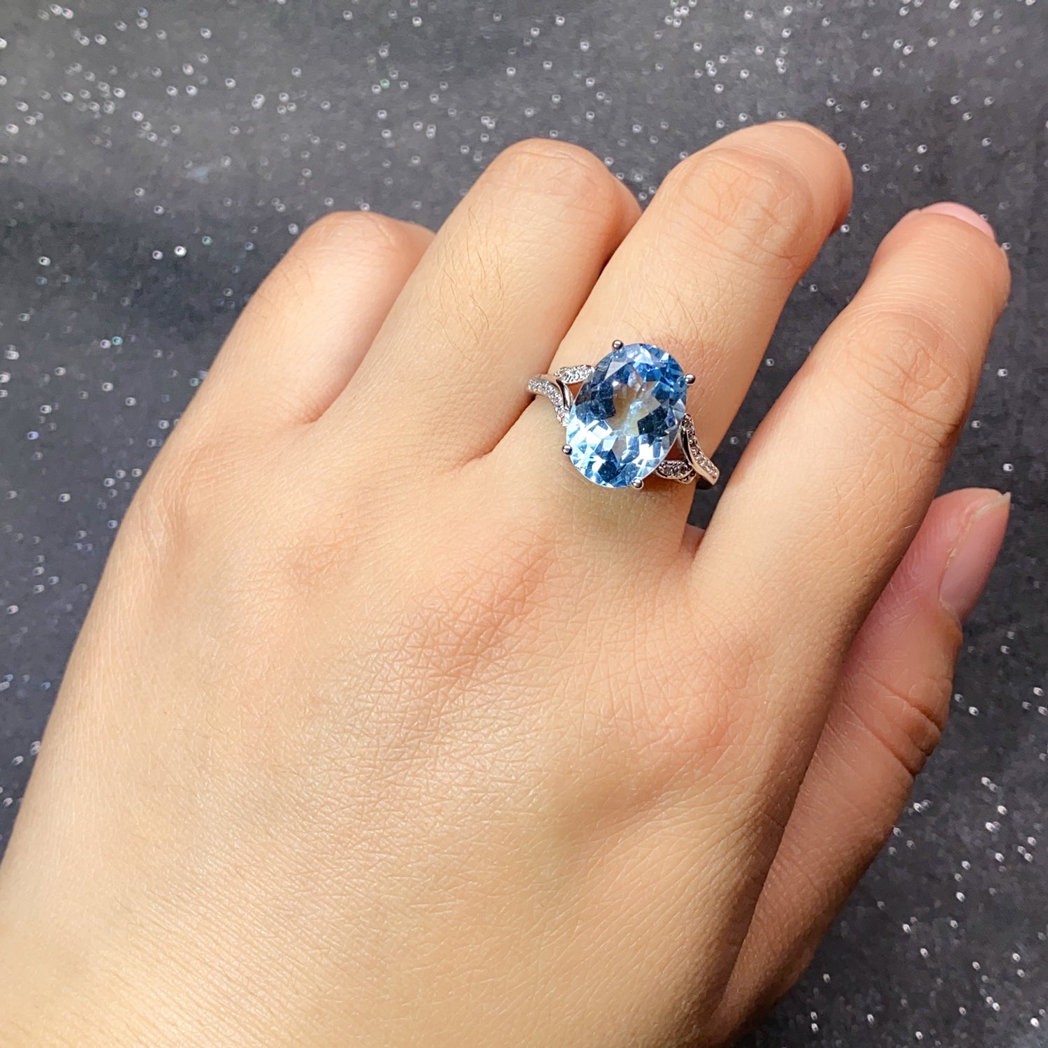 Natural Blue Topaz Ring, 925 Sterling Silver Adjustable Gemstone Statement Ring with Cubic Zirconia Accent, Elegant Anniversary & Birthday Gift for Her