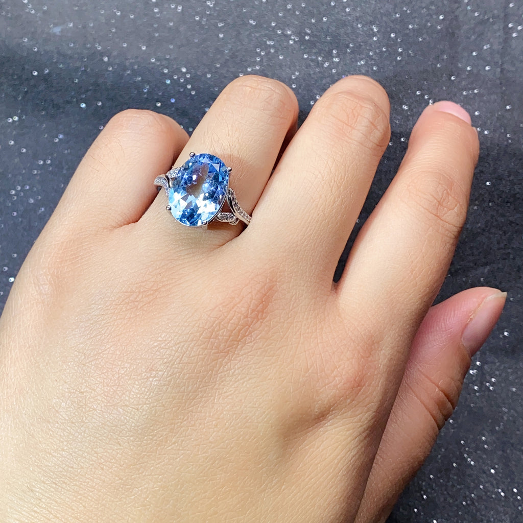 Natural Blue Topaz Ring, 925 Sterling Silver Adjustable Gemstone Statement Ring with Cubic Zirconia Accent, Elegant Anniversary & Birthday Gift for Her