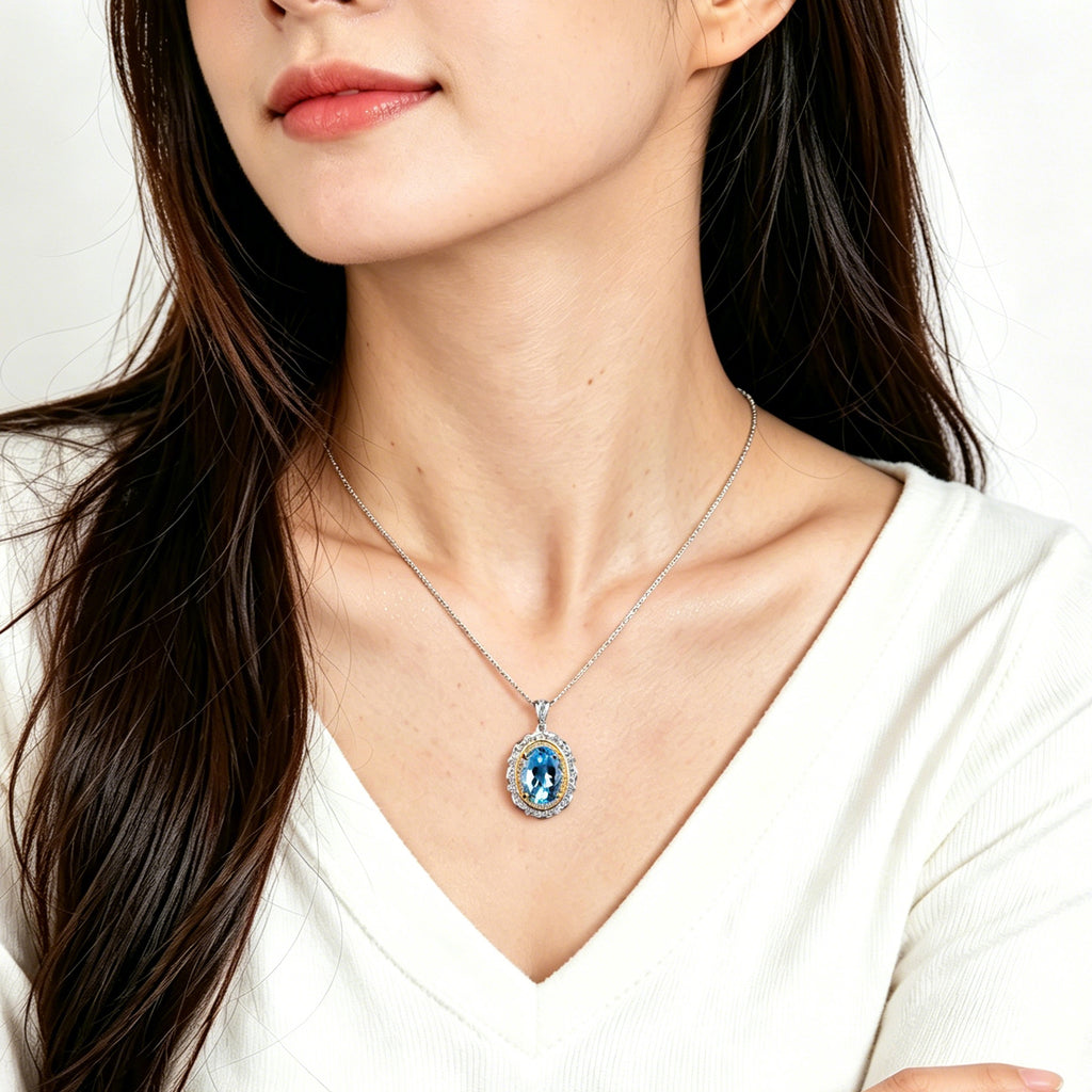 Natural Blue Topaz Oval Pendant Necklace in S925 Sterling Silver – Elegant Sky Blue Gemstone Halo Necklace for Women – Gift for Birthday, Anniversary & Christmas