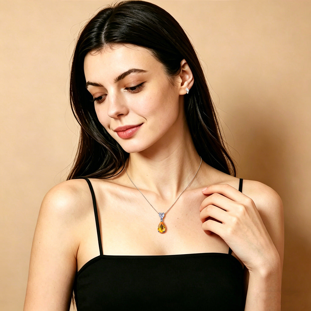 S925 Sterling Silver Citrine Heart and Teardrop Pendant Necklace for Women | Elegant Birthday, Valentine's & Mother's Day Jewelry Gift