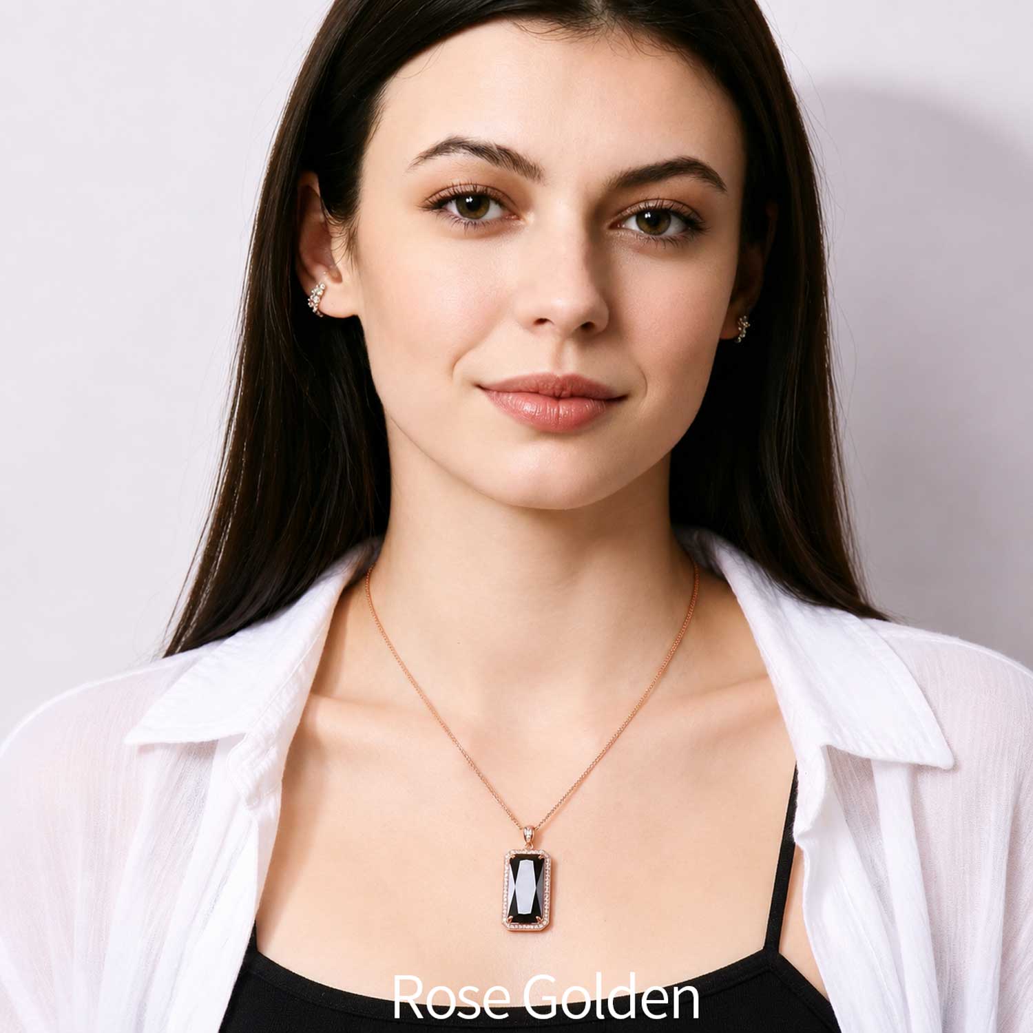 925 Sterling Silver Black Onyx Pendant Necklace for Women | Emerald Cut Halo Gemstone Necklace | Silver & Rose Gold Gift for Her