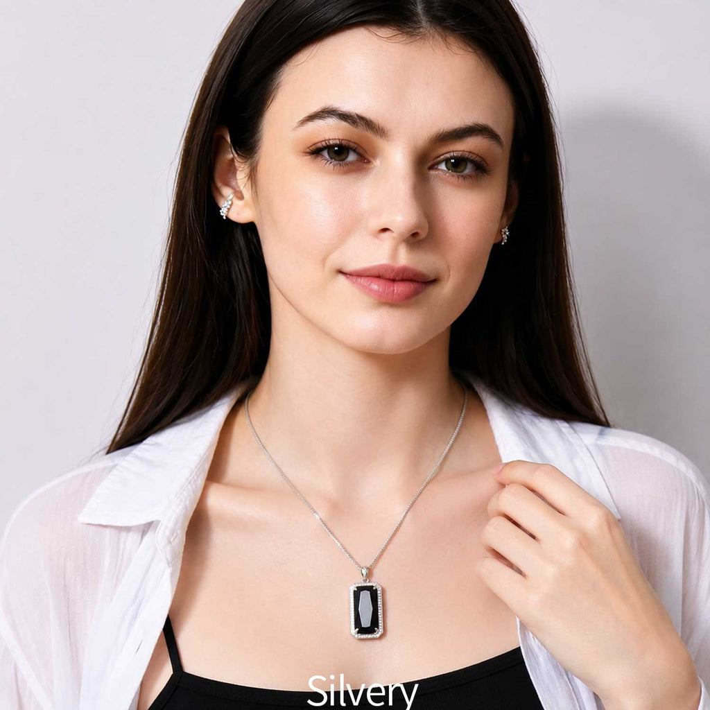 925 Sterling Silver Black Onyx Pendant Necklace for Women | Emerald Cut Halo Gemstone Necklace | Silver & Rose Gold Gift for Her