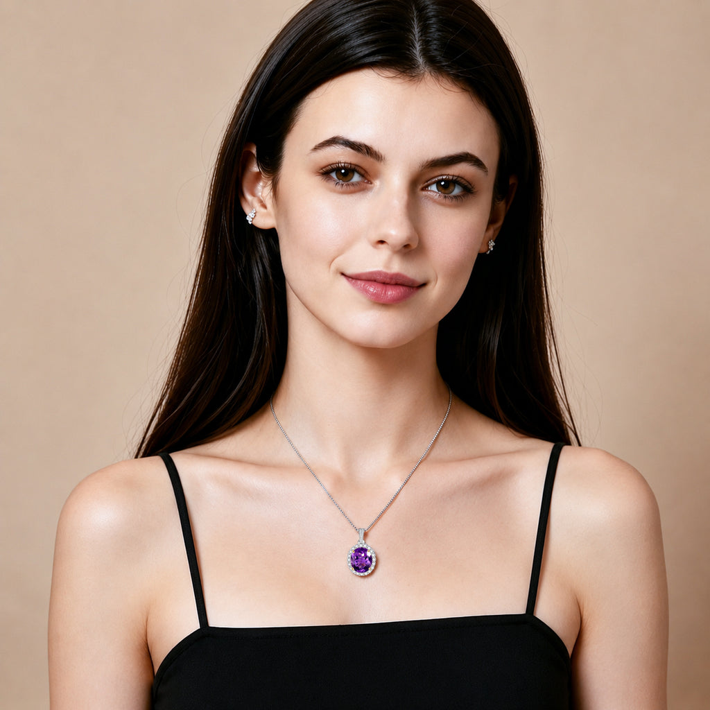 925 Sterling Silver Natural Amethyst Pendant Necklace for Women | Oval Halo Gemstone Necklace | Elegant Gift for Her