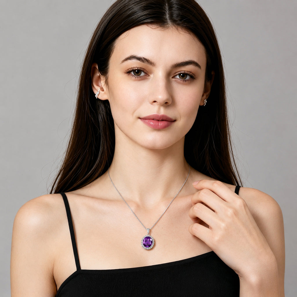 925 Sterling Silver Natural Amethyst Pendant Necklace for Women | Oval Halo Gemstone Necklace | Elegant Gift for Her