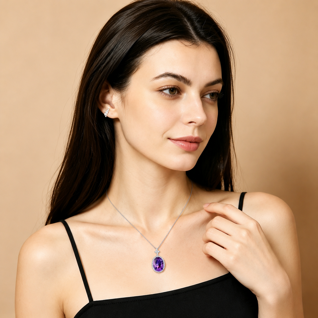 25 Sterling Silver Natural Amethyst Pendant Necklace for Women – Elegant Purple Gemstone Halo Necklace, Dainty Fine Jewelry Gift for Her