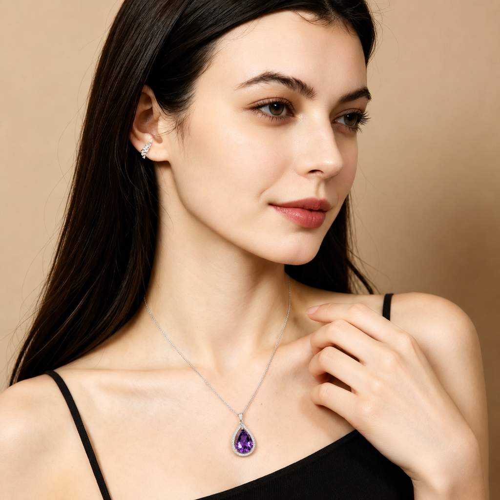 925 Sterling Silver Natural Amethyst Teardrop Pendant Necklace for Women – Elegant Purple Gemstone Jewelry Gift for Christmas, Valentine’s Day, Mother’s Day & Birthday