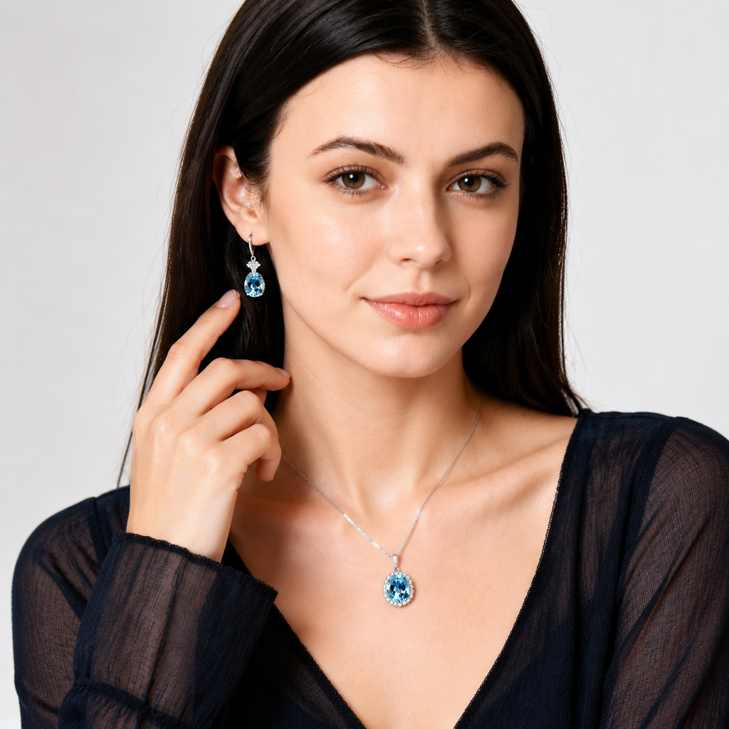 Fine Jewelry Natural Blue Topaz Oval Halo Pendant Necklace in S925 Sterling Silver – Luxury Sky Blue Gemstone Statement Necklace for Women, Elegant Gift of Timeless Sophistication