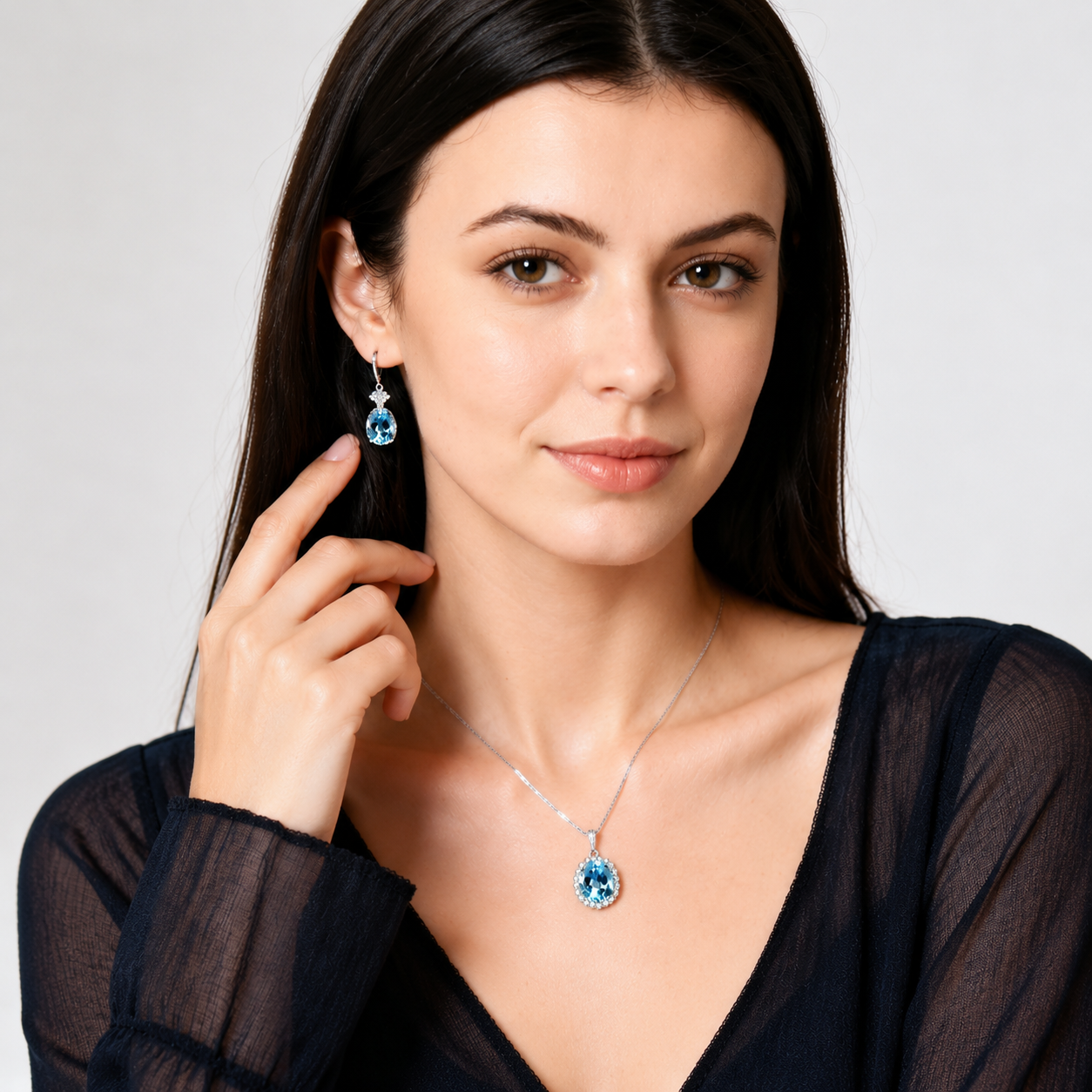 Fine Jewelry Natural Blue Topaz Oval Halo Pendant Necklace in S925 Sterling Silver – Luxury Sky Blue Gemstone Statement Necklace for Women, Elegant Gift of Timeless Sophistication