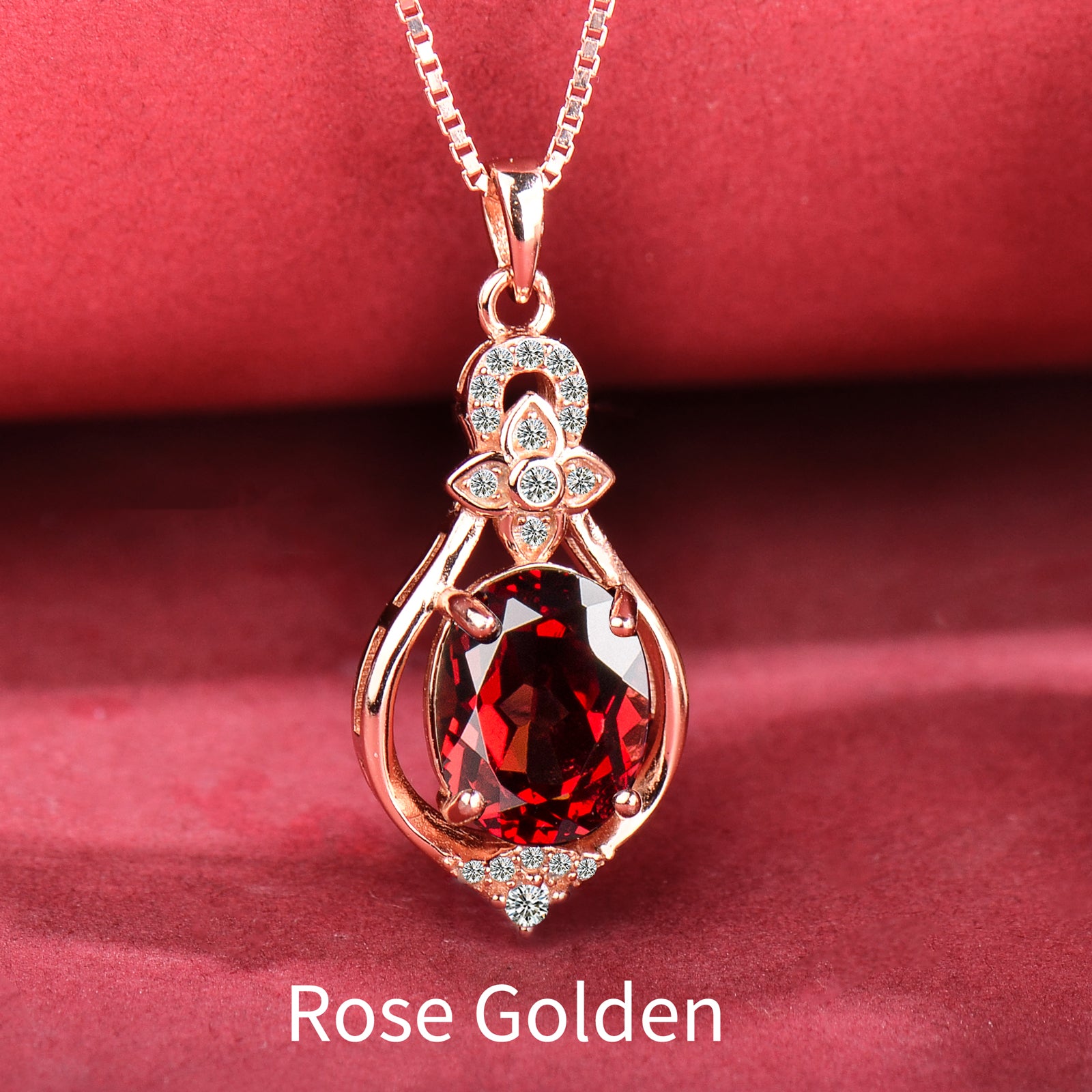 Natural Garnet Pendant Necklace for Women in 925 Sterling Silver, Silver & Rose Gold Finish – Elegant Deep Red Gemstone Pendant with Adjustable 16–18" Chain – Gift for Mom, Wife & Her