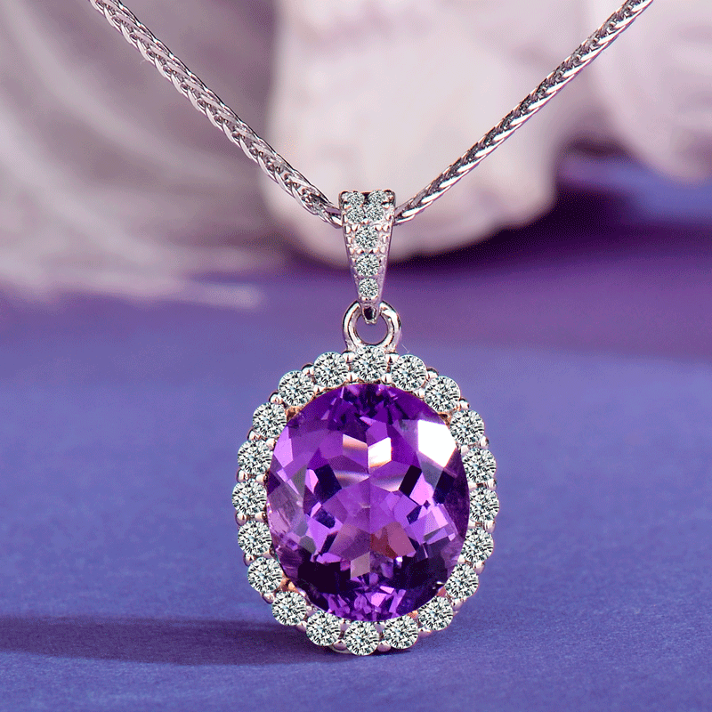 925 Sterling Silver Natural Amethyst Pendant Necklace for Women | Oval Halo Gemstone Necklace | Elegant Gift for Her