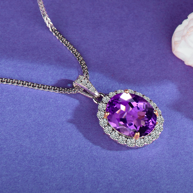 925 Sterling Silver Natural Amethyst Pendant Necklace for Women | Oval Halo Gemstone Necklace | Elegant Gift for Her