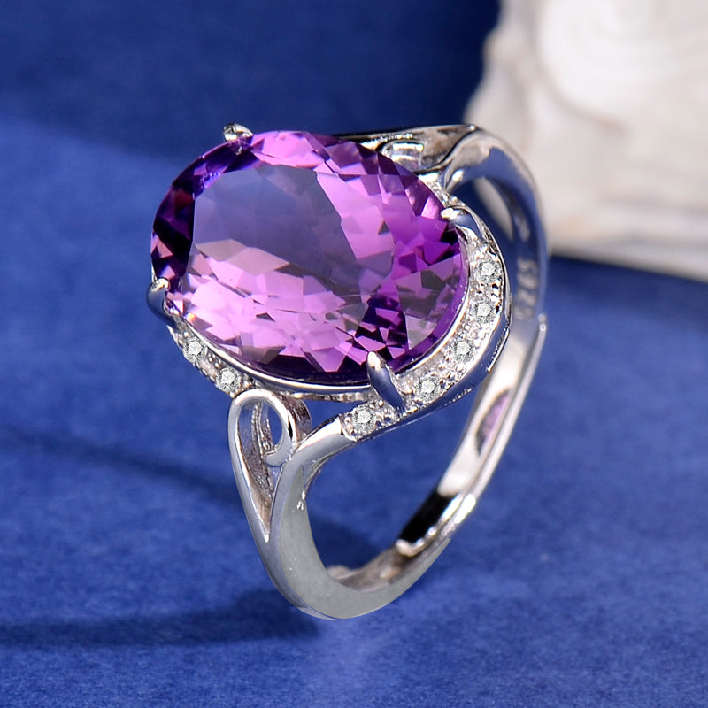 Natural Amethyst Ring for Women, 925 Sterling Silver Adjustable Gemstone Ring, Elegant Minimalist Purple Crystal Jewelry Gift for Anniversary, Birthday & Valentine's Day