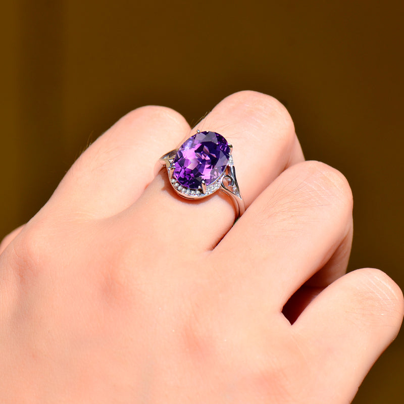 Natural Amethyst Ring for Women, 925 Sterling Silver Adjustable Gemstone Ring, Elegant Minimalist Purple Crystal Jewelry Gift for Anniversary, Birthday & Valentine's Day