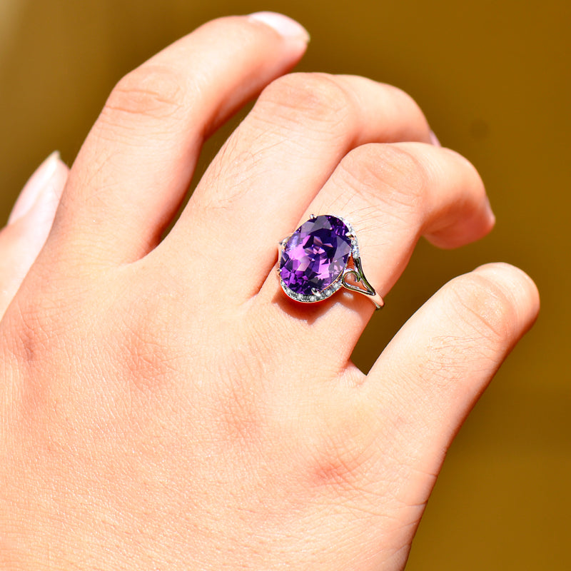 Natural Amethyst Ring for Women, 925 Sterling Silver Adjustable Gemstone Ring, Elegant Minimalist Purple Crystal Jewelry Gift for Anniversary, Birthday & Valentine's Day