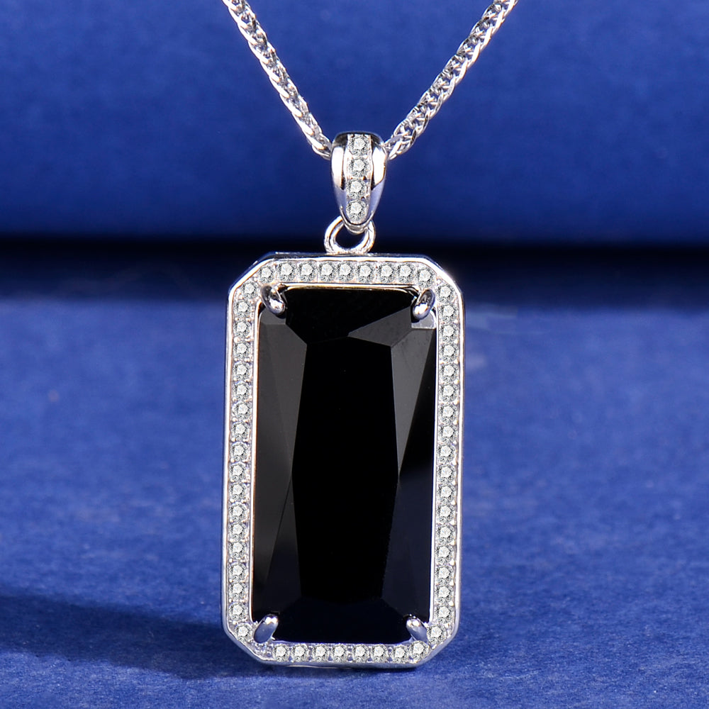 925 Sterling Silver Black Onyx Pendant Necklace for Women | Emerald Cut Halo Gemstone Necklace | Silver & Rose Gold Gift for Her