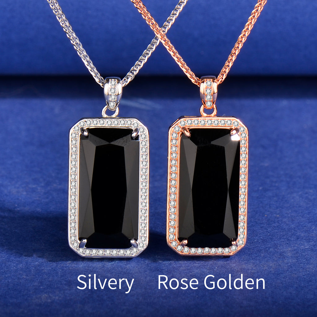 925 Sterling Silver Black Onyx Pendant Necklace for Women | Emerald Cut Halo Gemstone Necklace | Silver & Rose Gold Gift for Her
